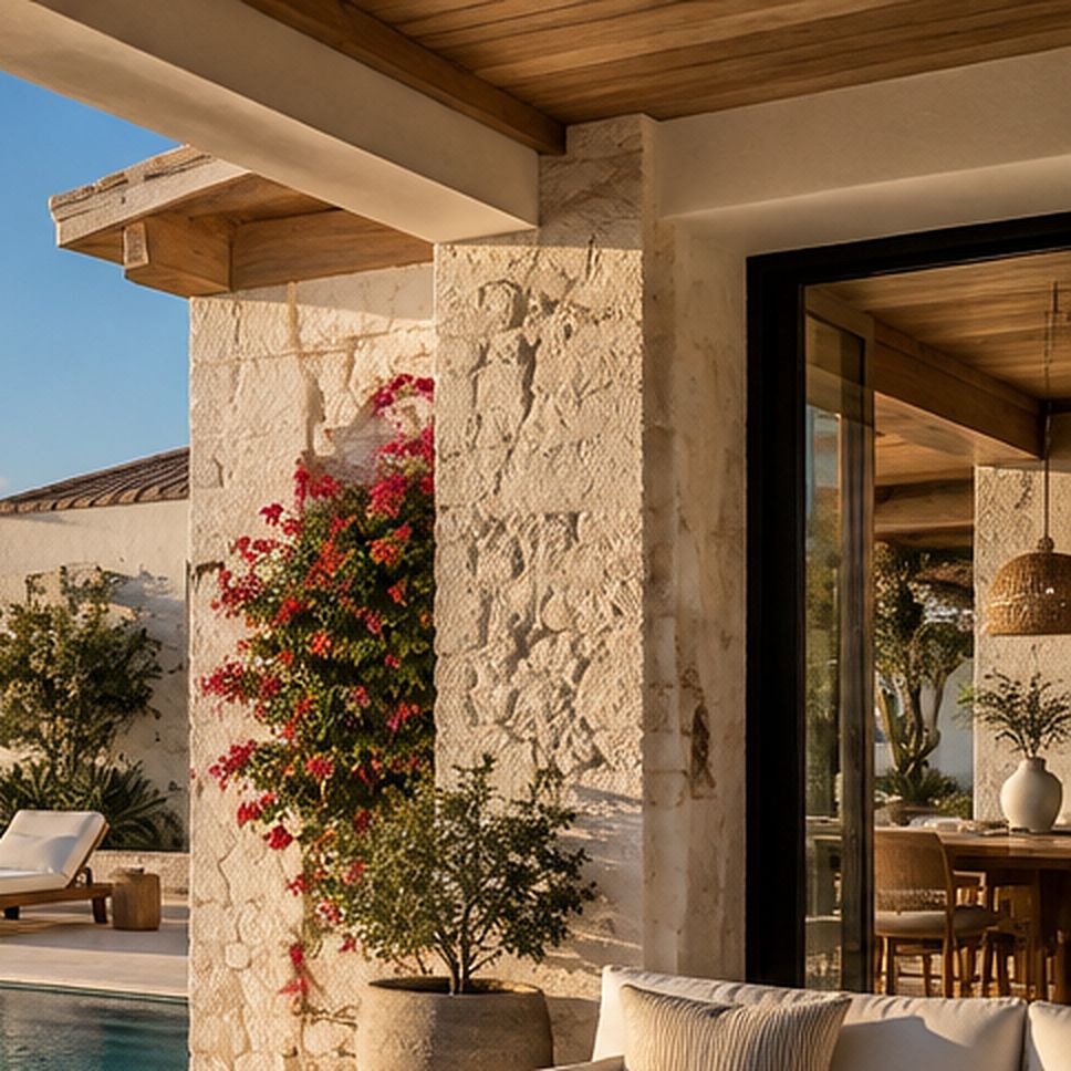 Covered terrace with timber beams, stone walls and bougainvillea.