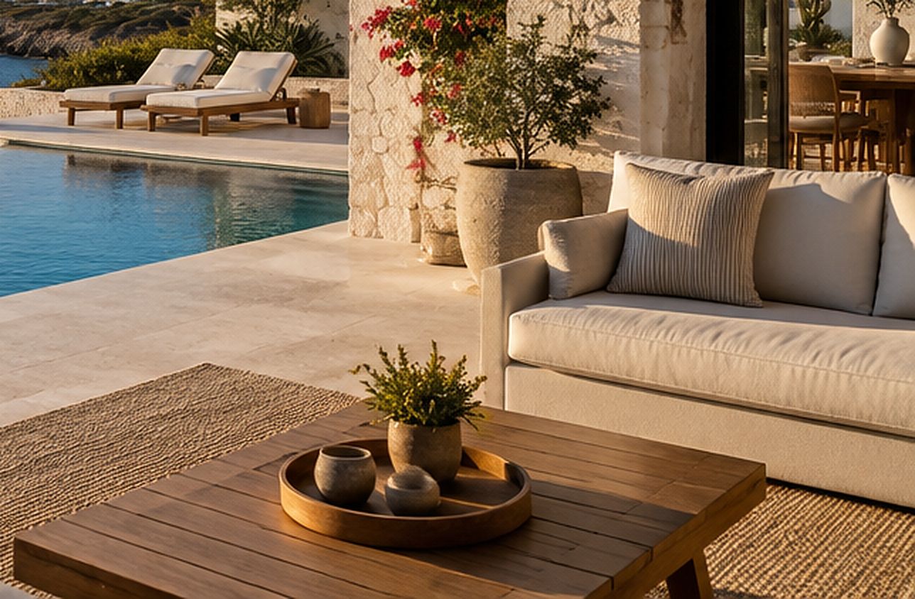 Outdoor sofa and a wooden coffee table on a covered terrace.