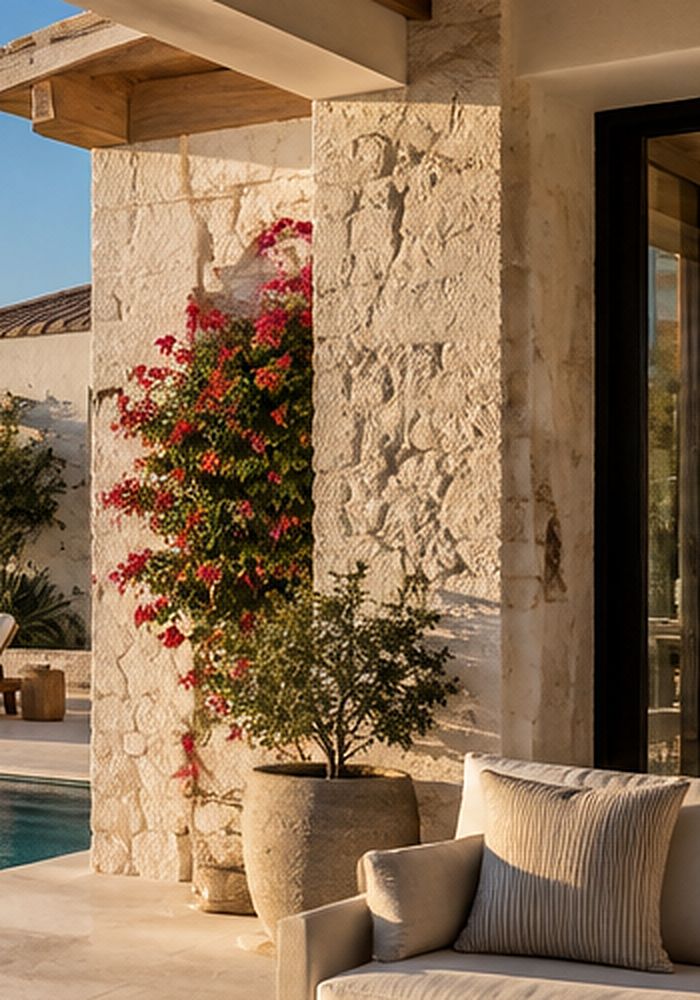 Bougainvillea against a pale stone wall beside a potted olive tree.