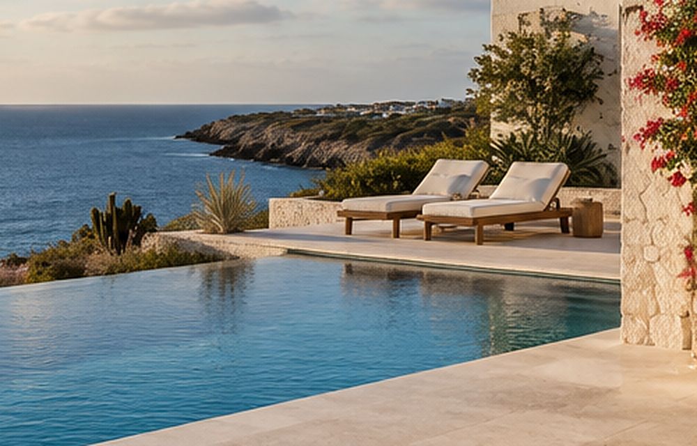 Sun loungers on a terrace overlooking the sea and a rocky headland.